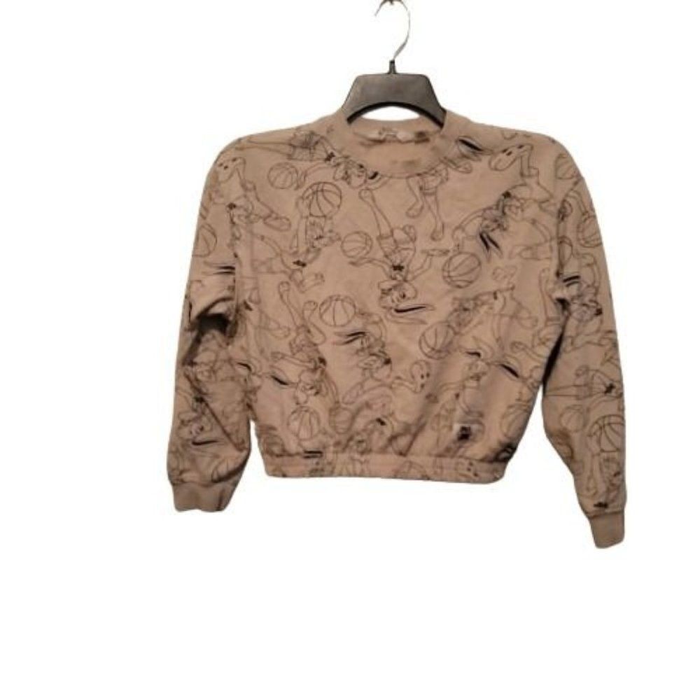 H & M Girls Beige Black Warner Bros Space Jam Crew Neck Crop Sweatshirt Size 16